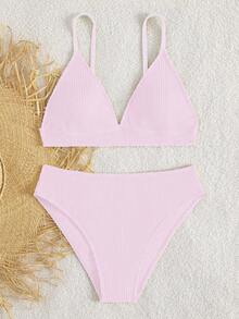 SHEIN Tween Girls Bikini Sets, Casual Pink Wavy Jacquard Knit Spaghetti Strap Deep V-Neck Tankini Swimsuit Set, Top With Triangle Bottoms, Fashionable Elegant Casual Suitable For Swimming, Summer Vacation, Beach, Pool, Holiday Party - Pink - View 5