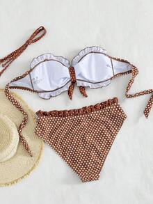 Swim Mod Conjunto de bikini de 2 piezas con lunares, color marrón dulce, con patrón de lunares blancos clásicos sobre base marrón, diseño retro elegante y lindo con copa suave sin tirantes y decoración de moño, Bottom triangular de talle alto que favorece la cintura y las caderas, adecuado para la playa, la piscina y fiestas en primavera y verano - Marrón - Ver 7