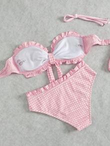 Swim Mod Women's Pink Sweet Bikini 2-Piece Set, Featuring Textured Bubble Fabric, Bow Accent At Bust, High-Waisted Ruffled Hem, Retro Houndstooth Pattern, Halter Neck And Back Tie Design, Cute And Energetic For Beach, Pool Party, Valentine's Day - Pink - View 2