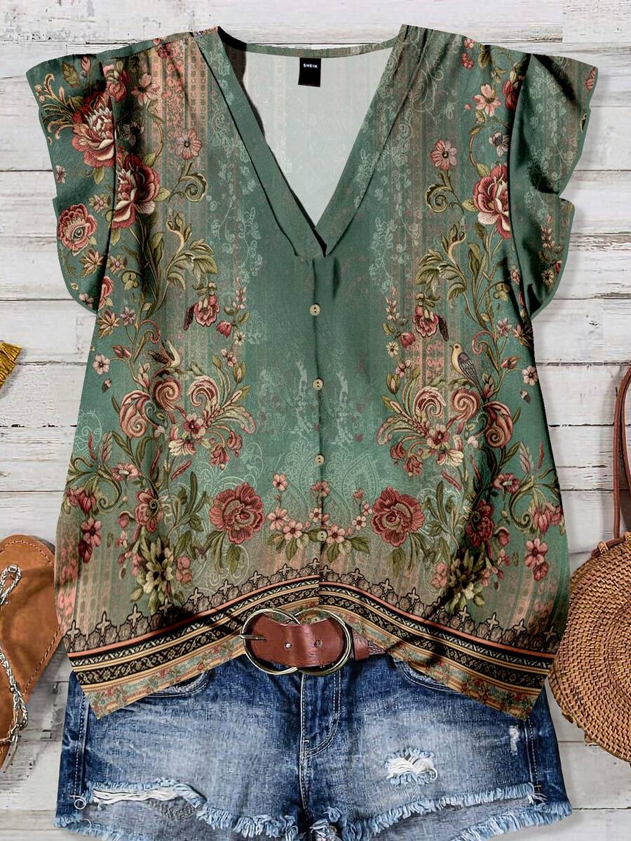 Rusticease 女士休闲简约风绿色花卉几何印花衬衫，适合夏季穿着 - 彩色 - 查看 1