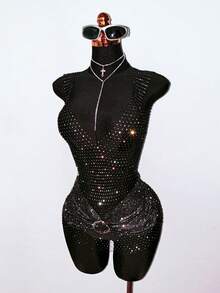 EgrlEra Rochie de petrecere pentru femei, cu decolteu adânc în V, sexy, transparentă, din material tip plasă cu strasuri, potrivită pentru petreceri de sărbători, ținute de club - Negru - Vizualizare 1