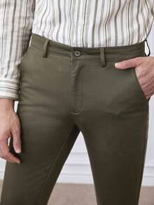 Officeau Men's Solid Color Pocket Simple Commuter Casual Pants - Army Green - View 7