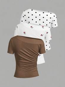 Ellevyn 3件套女士优雅不对称褶皱腰部上衣套装，樱桃印花、波点印花和纯色，适合多种场合 - 彩色 - 查看 8