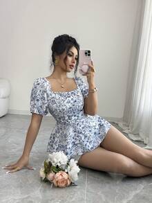 Elenzga 女士全印花褶裥方领休闲百搭日常短袖衬衫 - 藍色 - 查看 5