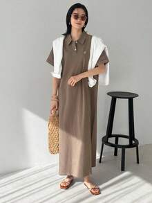 FRIFUL 女士棕色长连衣裙，饰有小刺绣图案，夏季连衣裙/吊带裙 - 棕色 - 查看 3