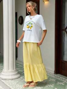 MainGRL 女士休闲柠檬印花T恤和裙子两件套 - 白色 - 查看 5