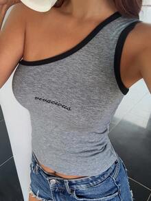 DAZY Atasan Crop Top Wanita Model Kerah Miring, Ketat, Motif Patchwork, dan Kontras Warna dengan Cetakan Huruf - Grey - View 6