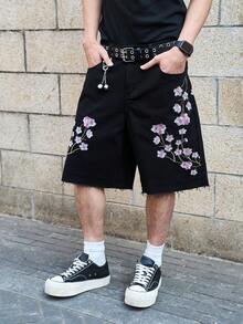 Manfinity EMRG Men's Floral Embroidery Pattern Casual Versatile Daily Wear Wide Leg Denim Shorts - Black - View 3