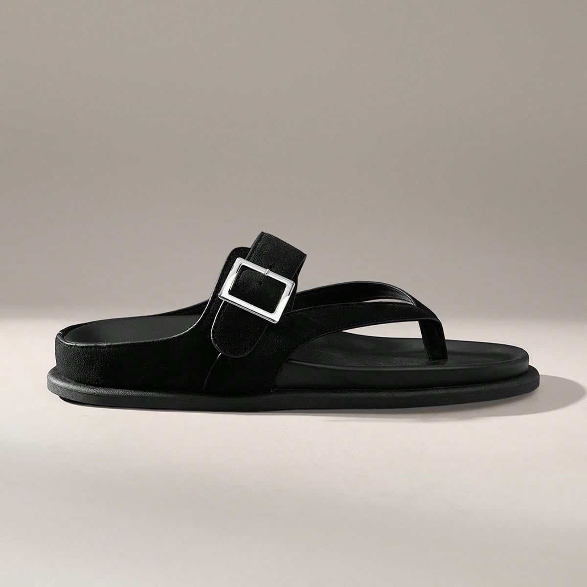 Zapatos de mujer con diseño de hebilla de metal ajustable, suela plana, tacón plano, casual, versátil, gamuza mate, negro, chanclas para usar en ca