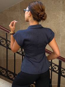 Siren Gaze 新款春夏通勤复古蓝色条纹翻领无袖衬衫（女款） - 藏蓝色 - 查看 2