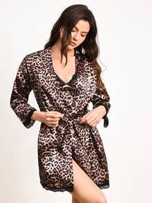 Hourtrue 三件套豹纹蕾丝拼接睡衣套装，开衩系腰睡裙配腰带，优雅女士睡衣家居服，秋冬款 - 棕色 - 查看 7