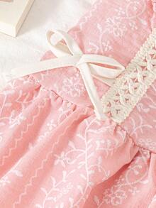 2pcs/Set Young Girl' Sweet Faux Embroidered Ruffle Sleeve Top And Shorts Princess Outfit, Spring/Summer - Pink - View 3