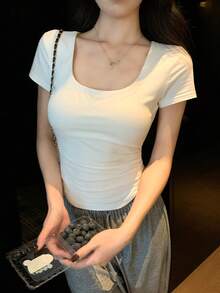 DAZY 女士休闲圆领修身纯色T恤 夏季 - 白色 - 查看 5