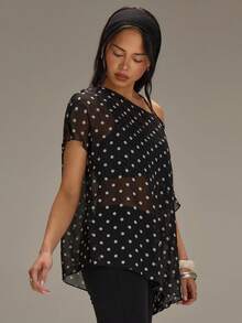 Athîral Women's Casual Off Shoulder Polka Dot Black Shirt, Suitable For Spring And Summer Vacations, Women's Transparent Top On One Shoulder, Off Shoulder Mesh Single Shoulder Top, Black Polka Dot Top, Daily Wear, Versatile Item, Suitable For Beach Wear, Date Party Wear, Holiday Wear, Summer Top, Black Top - Black and White - View 6