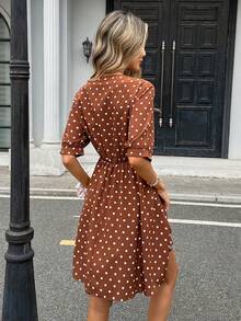 Pariaura Women's Polka Dot Pattern Tie Neck Short Sleeve Casual Dress - Brown - View 2