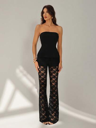 SHEIN Tall Women's Sexy & Elegant Black Lace 2-Piece Set, Includes Thick Ribbed Bandeau Top And Lace Flare Pants, High Elasticity Fabric Contouring Body, Suitable For Dates, Gatherings, Parties, Clubs, Nightlife Mesh Two Pieces Set Black Lace