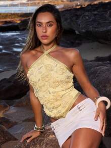 SHEIN BAE 女士休闲度假珍珠花卉纹理露背吊带背心，适合海滩度假、姐妹度假、休闲外出、姐妹约会、浪漫约会、度假、音乐节等场合，Y2K风格吊带背心，适合音乐节穿搭，魅力黄色吊带背心，黄色纹理吊带背心 - 黃色 - 查看 5