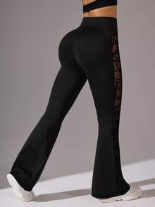 SHEIN Velisys FY3021 Black Mesh Patchwork Flare Leg Sports Pants Set - Black - View 5