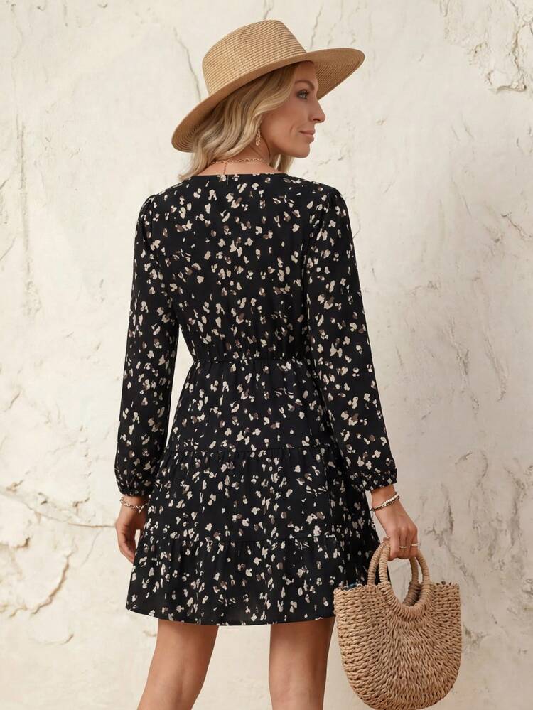 Women's Casual Lantern Sleeve Short Allover Print Dress, Autumn Winter Dress Elegant Dresses For Women Casual Dresses For Women Going Out Dress New Year Clothes Birthday Dress Work Dress Valentine's Day Women's Floral Dress Fall Dresses For Women Black Floral Dress Long Sleeve Elegant Dress Women Outfit Date Night Going Out Dress