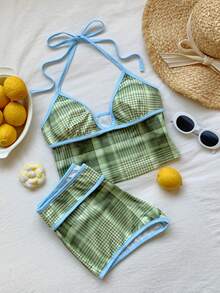 Comfortcana 女士格子露背系带上衣和短裤两件套，休闲日常穿着 - 綠色 - 查看 8