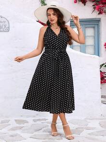 EMERY ROSE Zanzea Plus Size Polka Dot Print Halter Neck Dress For Women, Black Elegant Retro Summer Holiday Vacation Outfit, Chic Tea Party Dresses - Black and White - View 5