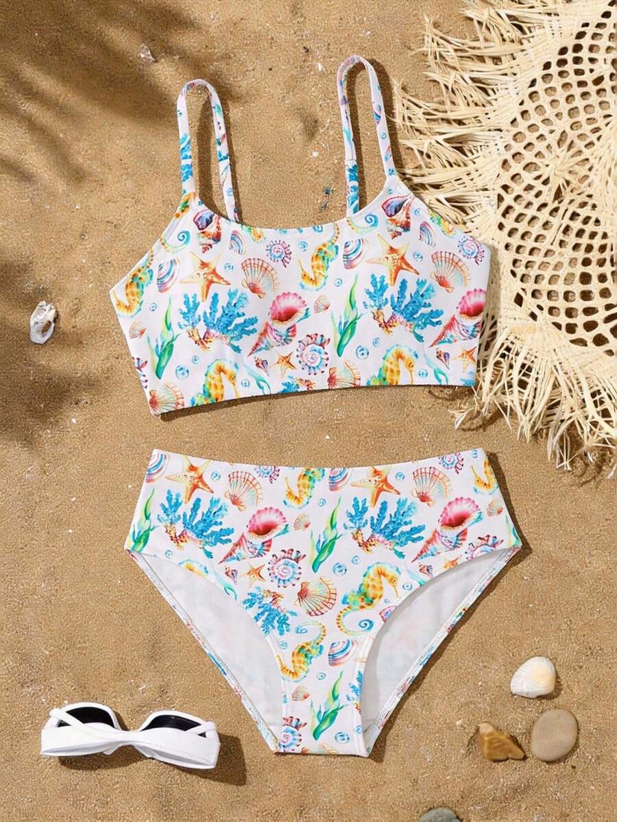 SHEIN White Summer Cute Holiday Pool Party Vacation Holiday Tween Girls Seashell Print Spaghetti Strap Bikini Set,Ocean-Themed Modest 2 Pieces Swimwear