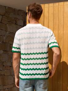 Manfinity RSRT Men's Striped Short Sleeve Front Button Casual Hollow Out Knit Top - White - View 2