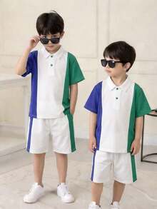 SHEIN 2-Pack Young Boys' Casual Sports Retro Loose-Fitting POLO Shirt And Shorts Set,Multi-Color Stitching Japanese & Korean Style Summer Kids Outfits - White - View 7