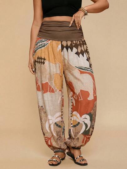Travachic Plus Size Tropical Print Harem Pants, Casual Holiday