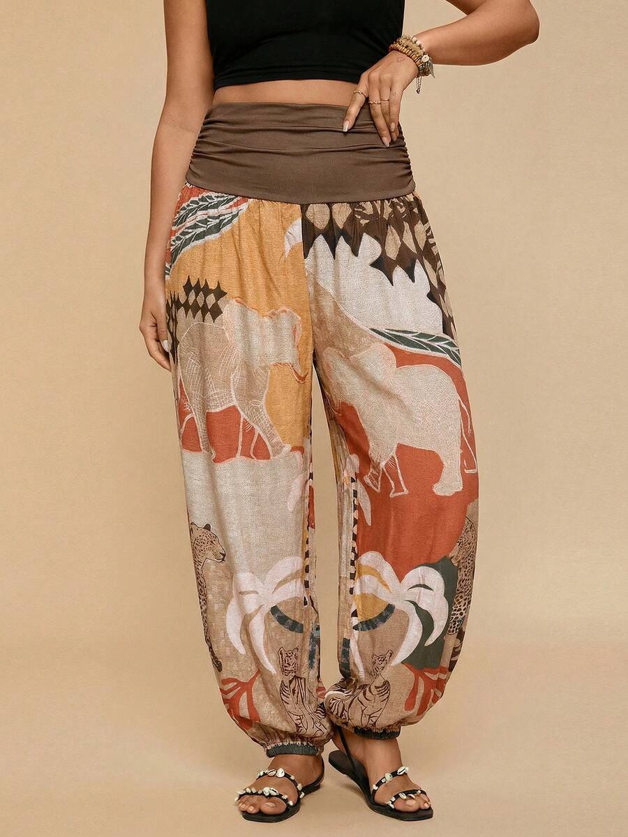 Travachic Quần Harem in họa tiết nhiệt đới cỡ lớn, quần dài phong cách Boho thường ngày cho nữ, quần hè cho nữ, quần quấn quanh eo cho nữ, quần trắng cho nữ. - Nhiều màu - Xem 1