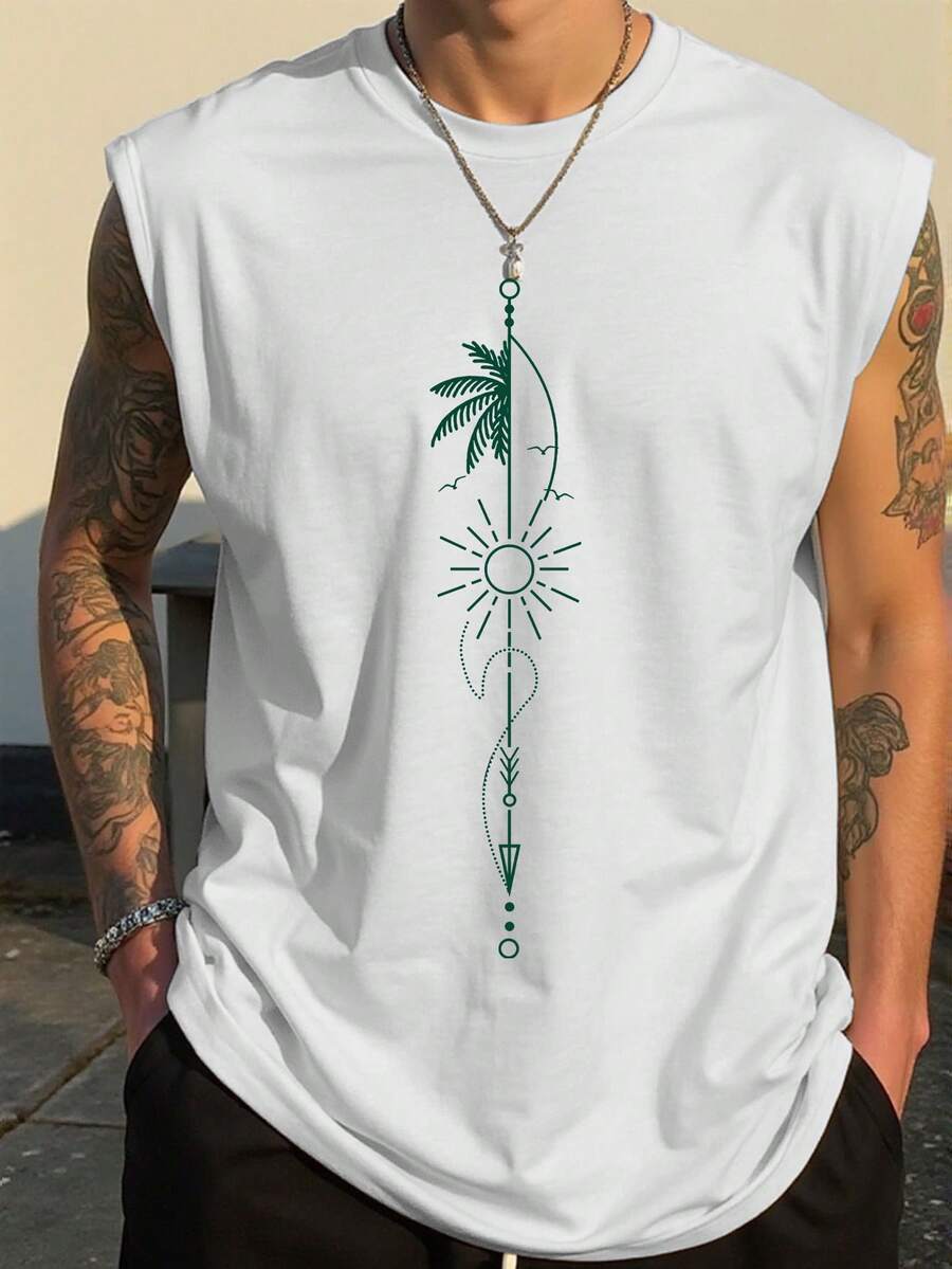 Manfinity Homme Men's Casual Coconut Tree Print Tank Top - White - View 1
