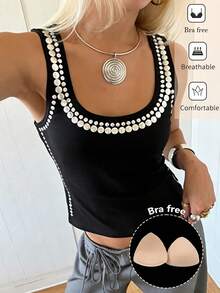 Siren Gaze Áo lót hai dây đính đinh tán, áo tank top nữ kiểu vintage - màu đen - Xem 3