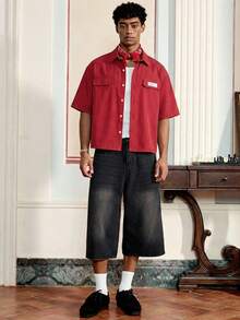 Manfinity Unisex 男士字母刺绣短袖单排扣休闲条纹衬衫 - 紅色 - 查看 2