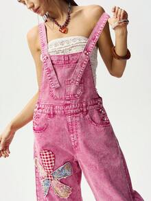 Bohemela Women's Casual Washed Floral Applique Denim Jumpsuit - Pink - View 1