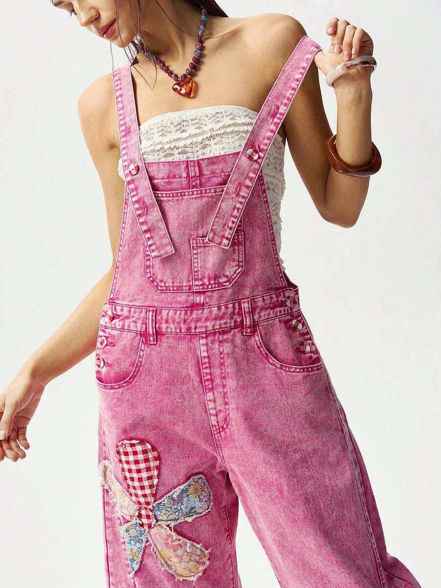 Bohemela Women's Casual Washed Floral Applique Denim Jumpsuit - Pink - View 1