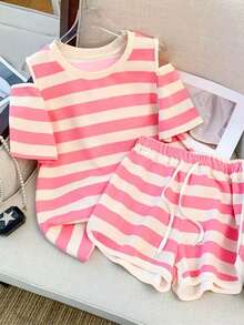 Resyla Women's Casual Striped Off-Shoulder T-Shirt And Shorts 2-Piece Set, Summer - Multicolor - View 1