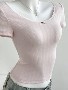 Women's Casual Pink Heart Striped Ruffle Floral Short Sleeve T-Shirt, Sweet And Versatile For Daily Wear, Summer - Baby Pink - View 7