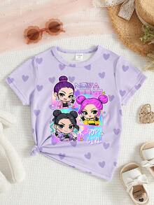 Estilos de verano acogedores Camiseta básica corta y relajada con estampado de personaje de dibujos animados de grupo de chicas virtuales, corazón morado, estrella de cinco puntas y eslogan colorido, para uso diario, adecuada para primavera y verano, ropa de niña bebé - Multicolor - Ver 3