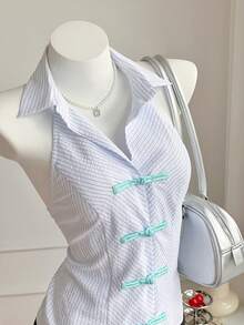 Comfortcana Women's Summer Casual Striped Button Backless Halter Shirt - Multicolor - View 5