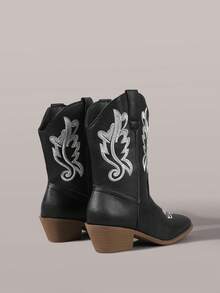 Styleloop Stivali neri da donna con punta affusolata e tacco basso, stile western, stivali alti da cavallerizza con chiusura a trazione, stivali in pelle con ricamo a V, stivali alla caviglia, adatti per festival musicali, feste, stile vintage americano, vacanze e viaggi - Abbinamento del colore nero - Visualizzare 5