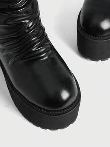 Sugerpunk 女士黑色朋克风圆头粗跟褶皱踝靴 - 黑色 - 查看 5