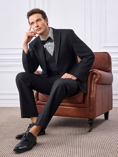 Officeau Traje de 3 piezas para hombre Furuyal, elegante conjunto formal de unicolor y corte slim, chaqueta de traje cruzada con chaleco y pantalones, adecuado para negocios, fiestas, bodas, vacaciones y otras ocasiones, negro, talla XS-3XL