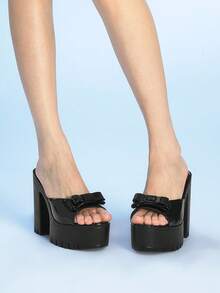 Sugerpunk Giày sandal cao gót hở mũi thời trang và dễ thương dành cho nữ, thiết kế quai nơ thanh lịch theo phong cách Punk Gothic, đế dày chống thấm nước, gót chunky, giày slip-on mùa xuân/hè dành cho nữ dự tiệc đêm, lễ hội. - màu đen - Xem 4