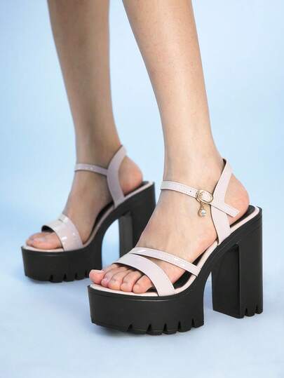 Sugerpunk Giày nữ sexy mũi tròn đế dày, sandal cao gót, màu trơn thời trang xuân thu, đính đá lấp lánh, khóa cài, thích hợp cho hộp đêm, tiệc tùng, du lịch, hẹn hò.
