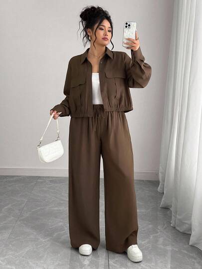 Elenzga Plus Size Women's French Romantic Sicily Elegant Casual Commute Vacation Solid Brown Shirt Collar Hidden Placket Elastic Hem Long Sleeve Shirt + Elastic Waist Cargo Pants Suit, Spring/Autumn/Winter Brown Two Pieces Set Women Two Pieces Pants Set Women Women Brown Pantsuit 2 Pieces Set Women Coords Set Women Fall Cloth For Women