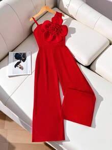 Tween GirlsSweet & Cool Red 3D Floral Camisole Asymmetric Wide Leg Jumpsuit, Casual Wear & Party, Spring/Summer - Red - View 1