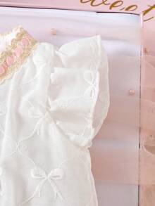 新生女宝宝白色蝴蝶结短袖领蕾丝粉色蝴蝶结公主裙，优雅甜美吊带裙 - 白色 - 查看 7