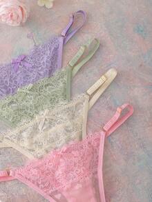 Charlaine 5pcs/Pack Women's Low-Rise Lace Thong Panties, Random Heart Pattern - Multicolor - View 4