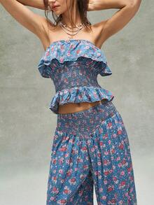 Bohemela 女士度假休闲碎花荷叶边抹胸上衣和裤子两件套 - 藍色 - 查看 3