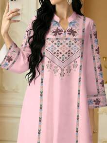 SHEIN Najma 女士花卉数码印花优雅长袖立领睡袍，春秋季 - 彩色 - 查看 1